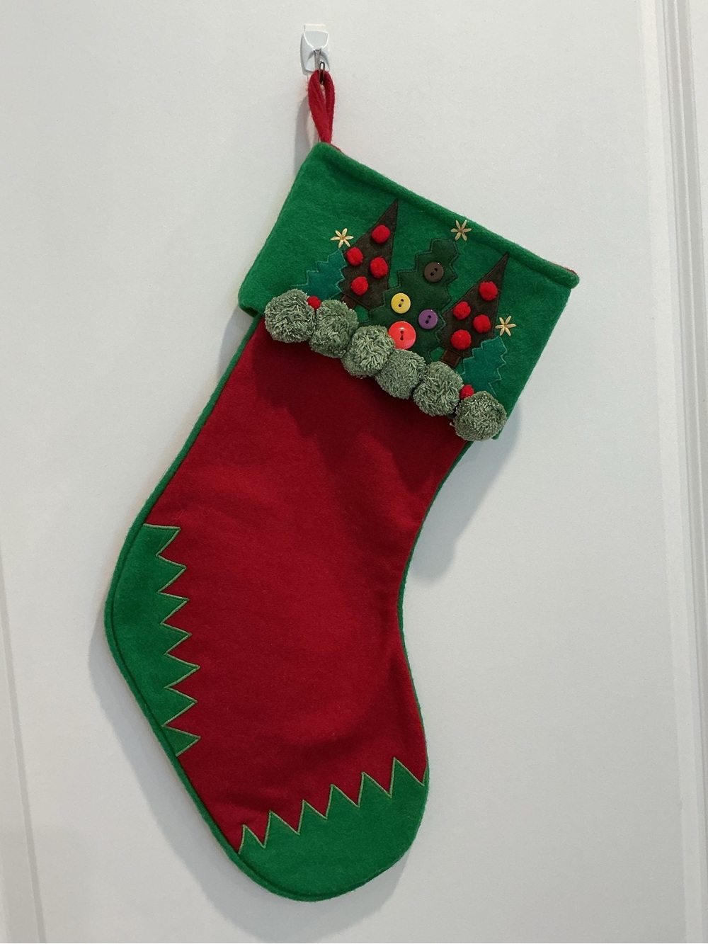 Wool Fabric Christmas Stocking with tree appliqués buttons and Pom poms